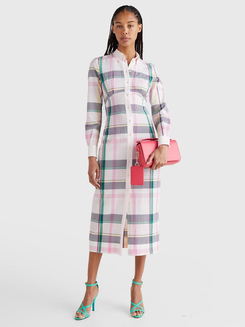 Női Tommy Hilfiger Madras Maxi Shirt Dresses Fehér Rózsaszín | HU 102GSO